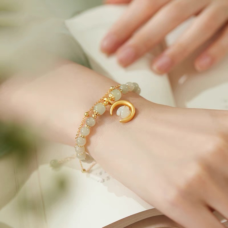 Natural Hetian Green Jade Rabbit & Moon Bracelet