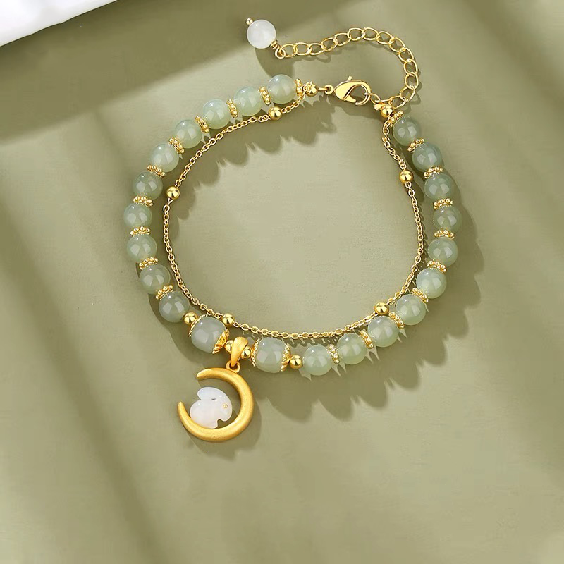 Natural Hetian Green Jade Rabbit & Moon Bracelet