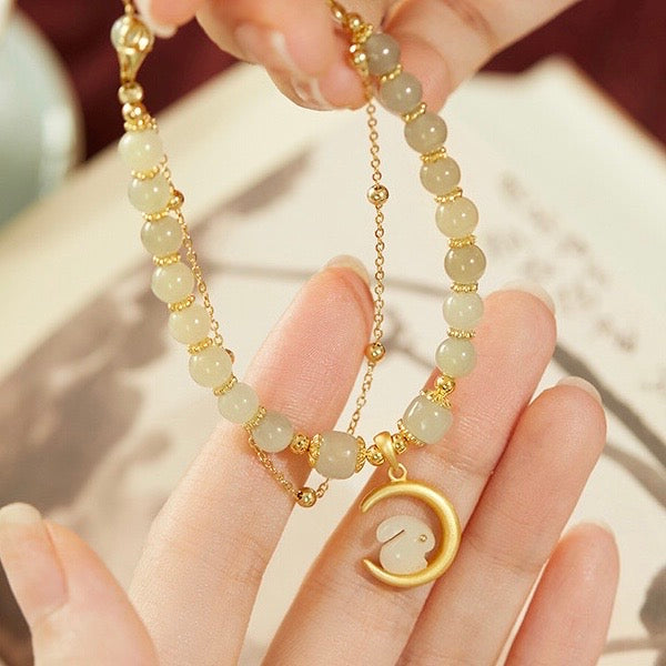 Natural Hetian Green Jade Rabbit & Moon Bracelet