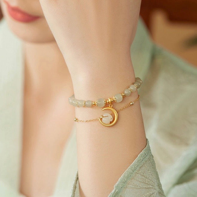 Natural Hetian Green Jade Rabbit & Moon Bracelet