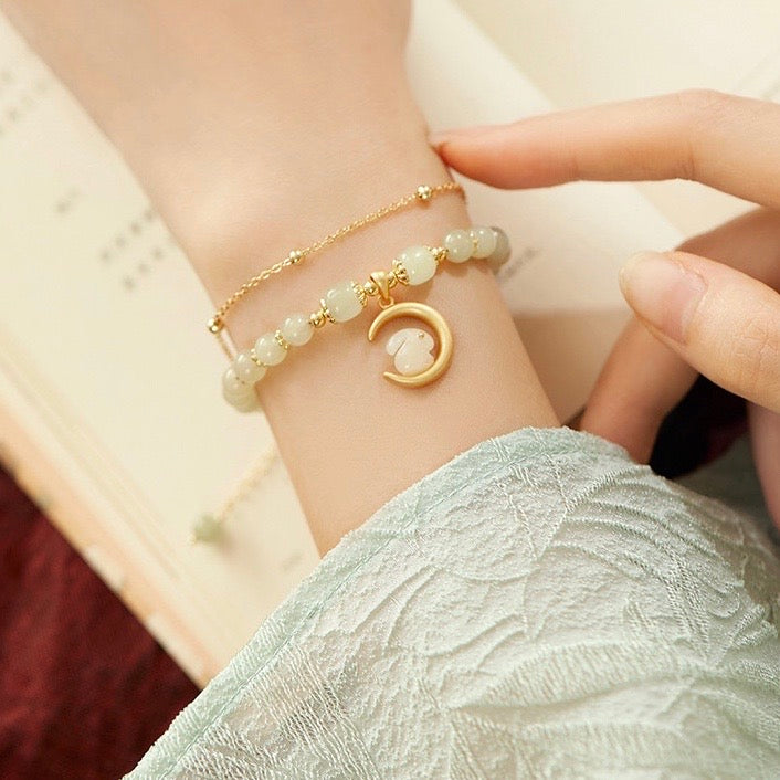 Natural Hetian Green Jade Rabbit & Moon Bracelet