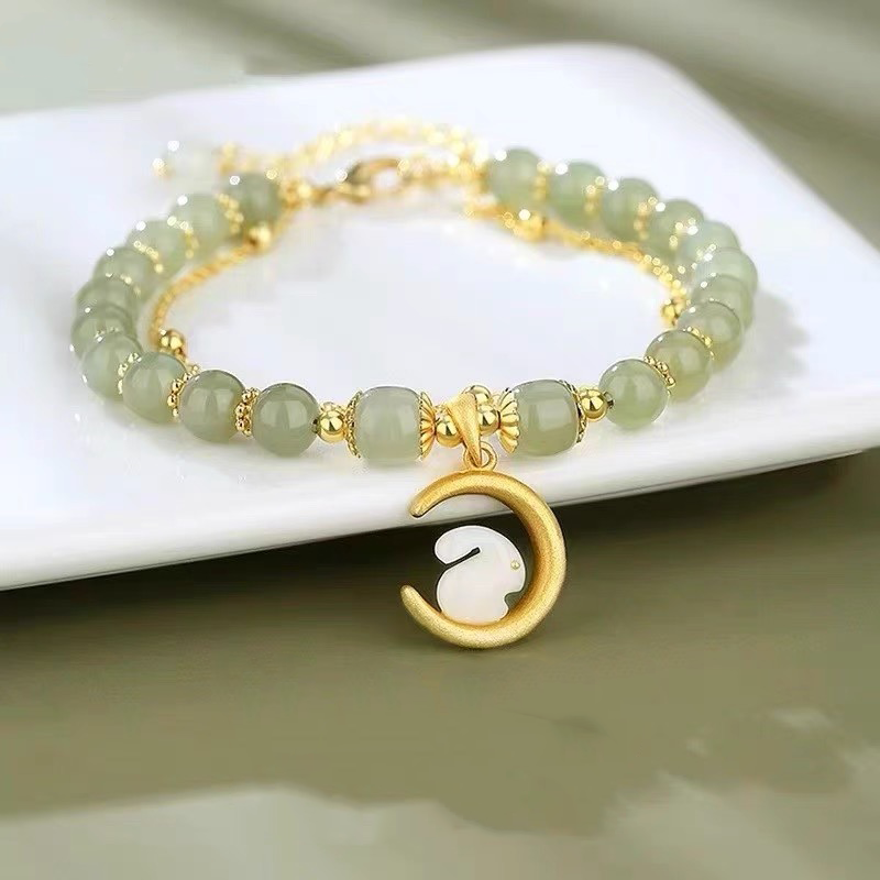 Natural Hetian Green Jade Rabbit & Moon Bracelet