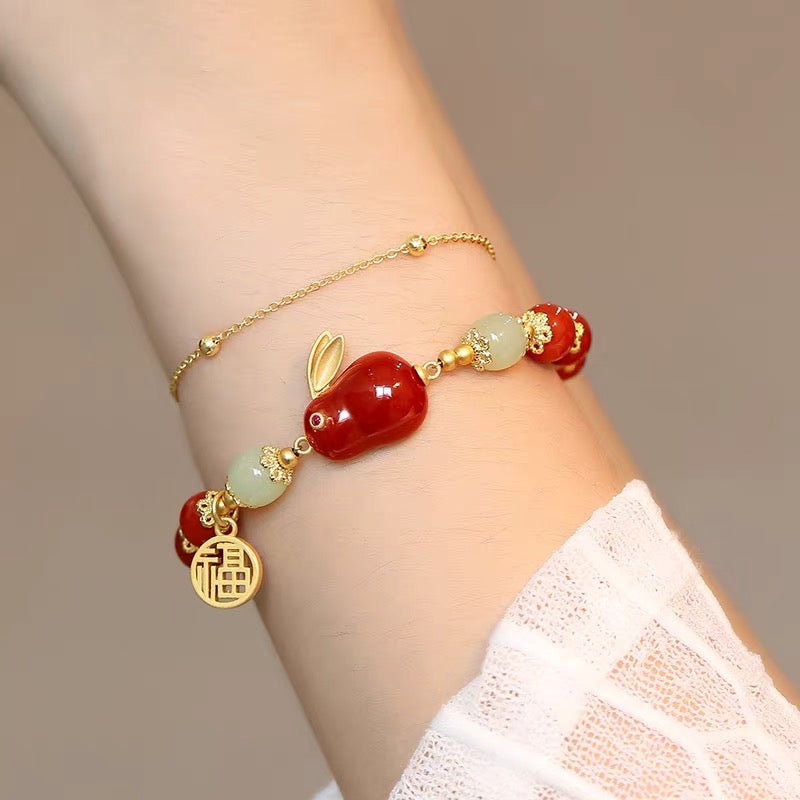 Natural Hetian Green Jade & Red Agate Lucky Rabbit Bracelet