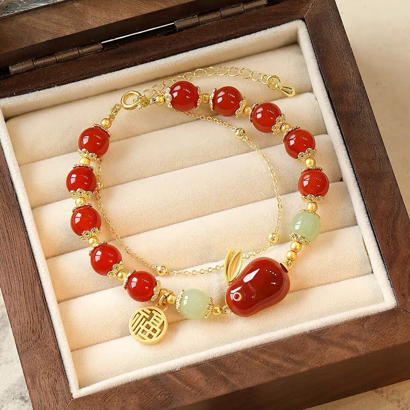Natural Hetian Green Jade & Red Agate Lucky Rabbit Bracelet