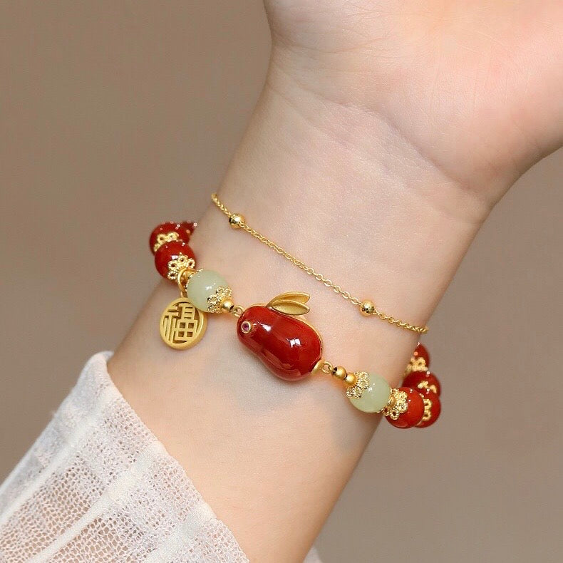 Natural Hetian Green Jade & Red Agate Lucky Rabbit Bracelet
