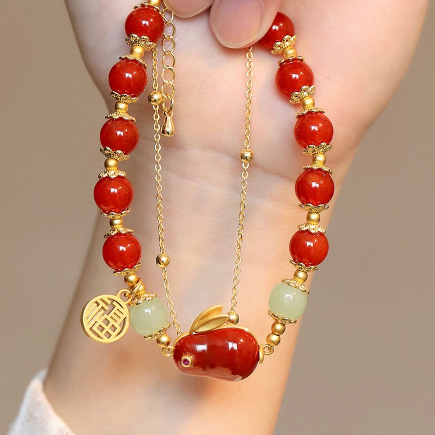 Natural Hetian Green Jade & Red Agate Lucky Rabbit Bracelet