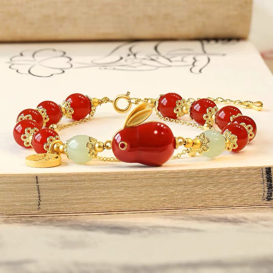 Natural Hetian Green Jade & Red Agate Lucky Rabbit Bracelet