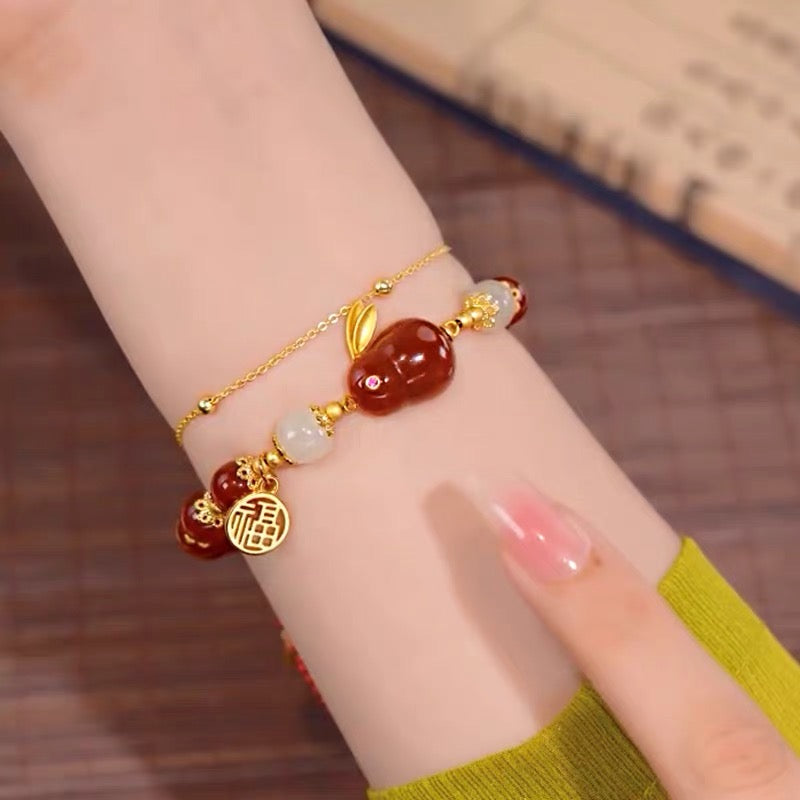 Natural Hetian Green Jade & Red Agate Lucky Rabbit Bracelet