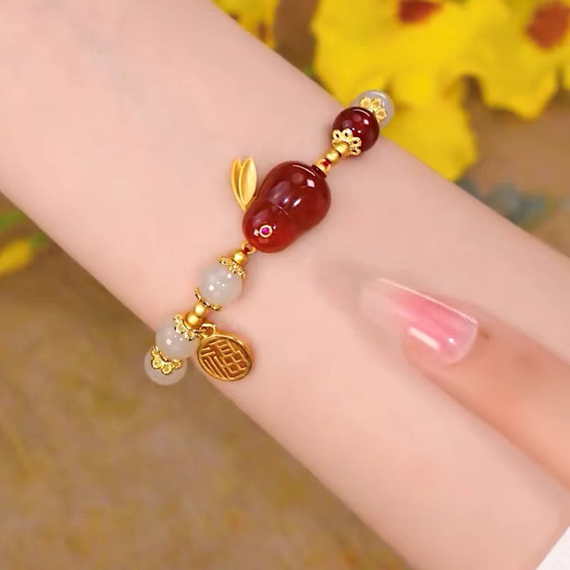 Natural Hetian Green Jade & Red Agate Lucky Rabbit Bracelet