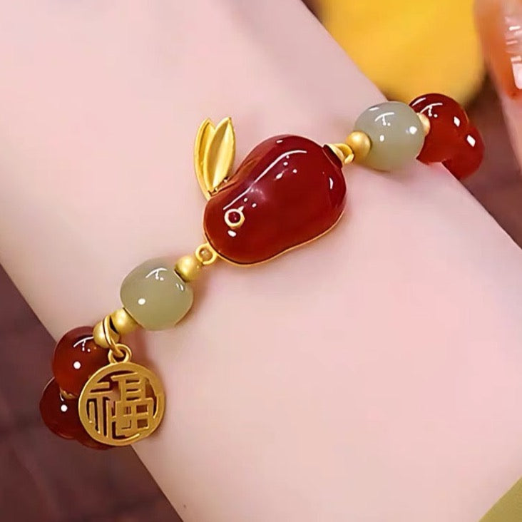 Natural Hetian Green Jade & Red Agate Lucky Rabbit Bracelet