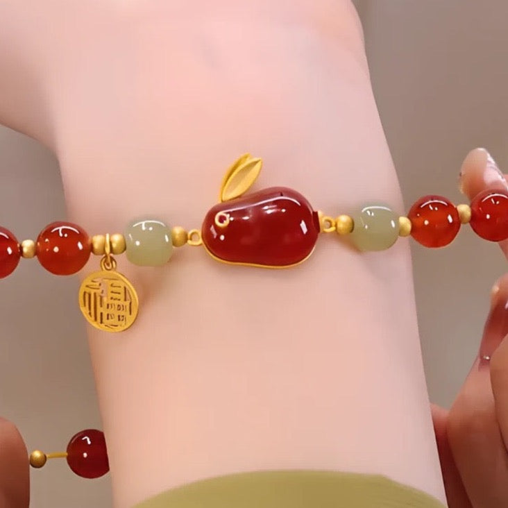 Natural Hetian Green Jade & Red Agate Lucky Rabbit Bracelet
