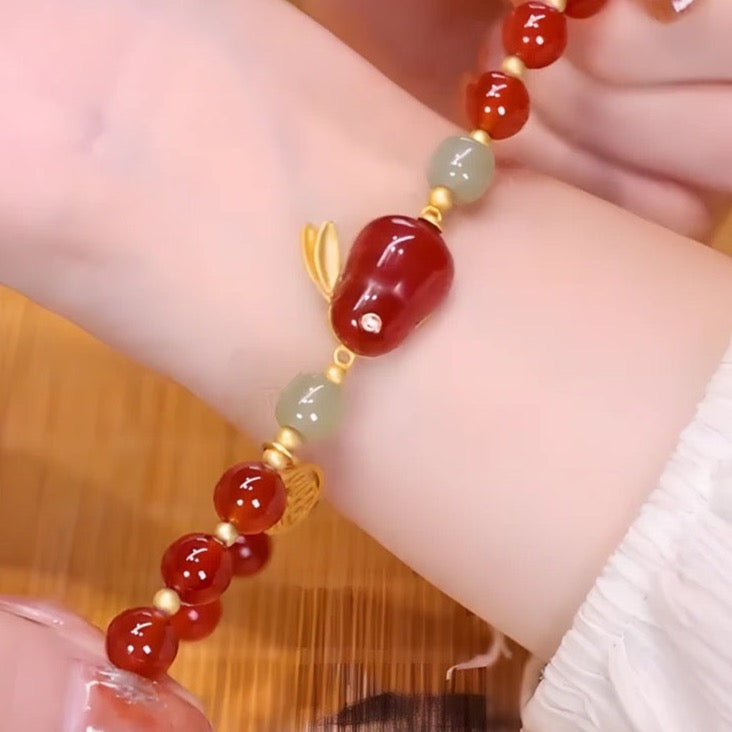 Natural Hetian Green Jade & Red Agate Lucky Rabbit Bracelet