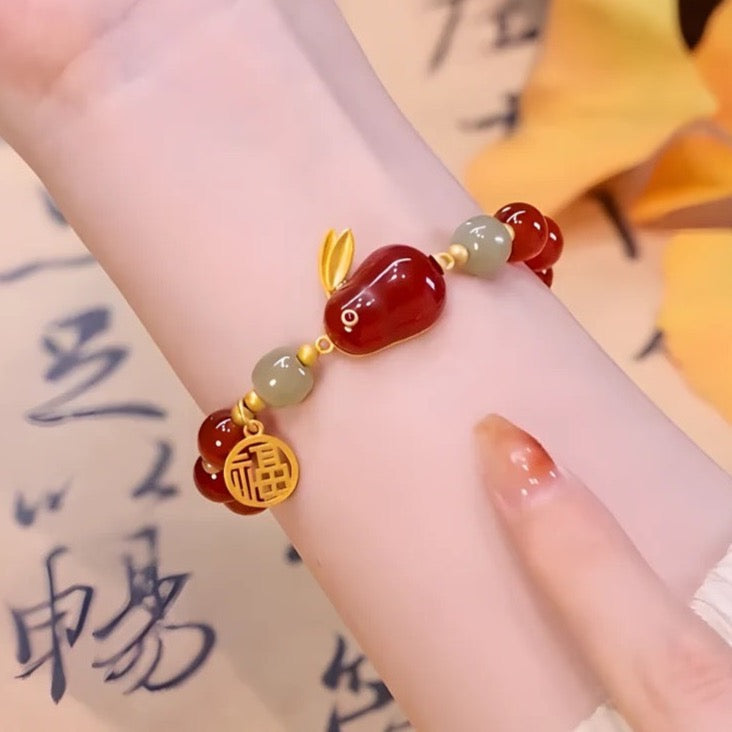 Natural Hetian Green Jade & Red Agate Lucky Rabbit Bracelet