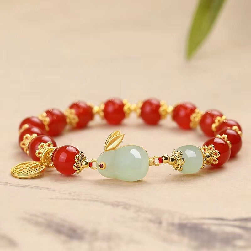 Natural Hetian Green Jade & Red Agate Lucky Rabbit Bracelet