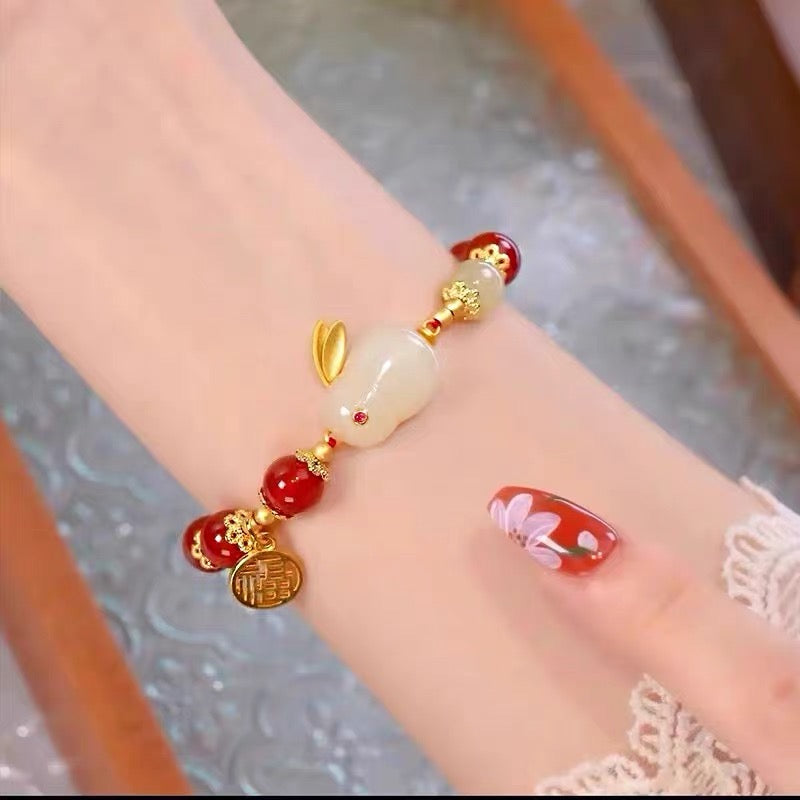 Natural Hetian Green Jade & Red Agate Lucky Rabbit Bracelet