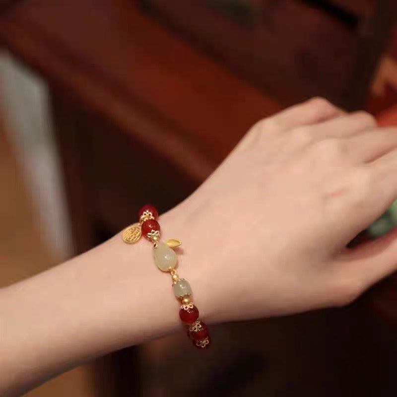 Natural Hetian Green Jade & Red Agate Lucky Rabbit Bracelet