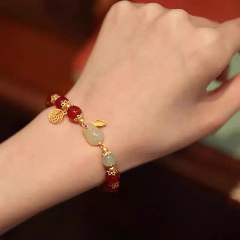 Natural Hetian Green Jade & Red Agate Lucky Rabbit Bracelet