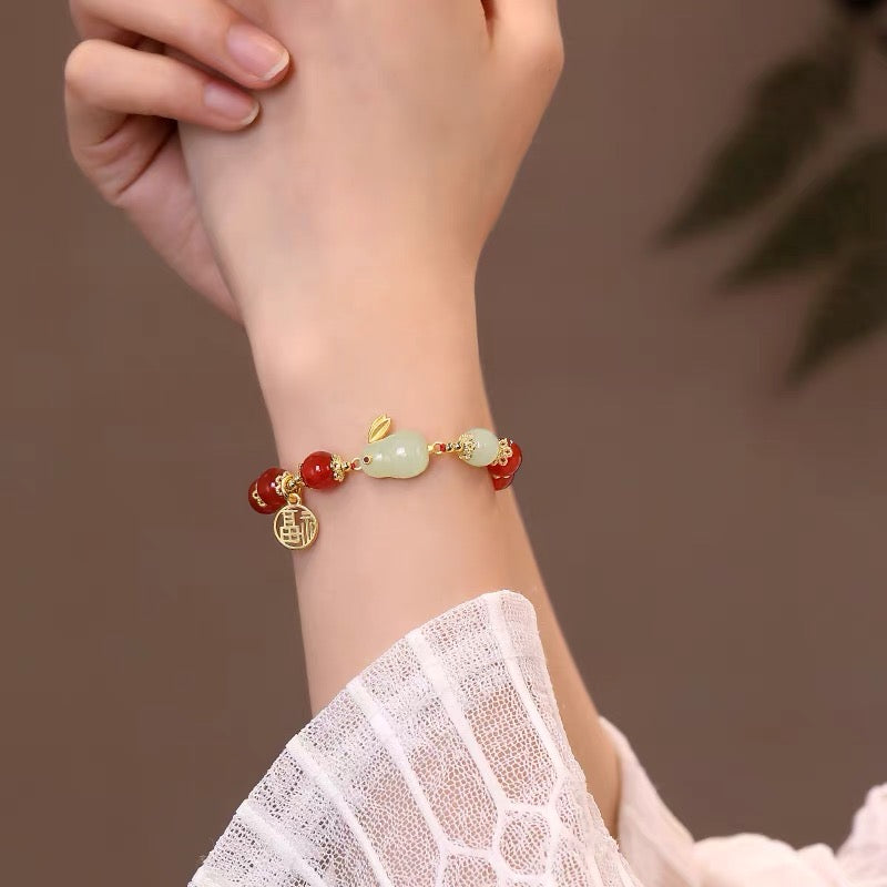 Natural Hetian Green Jade & Red Agate Lucky Rabbit Bracelet