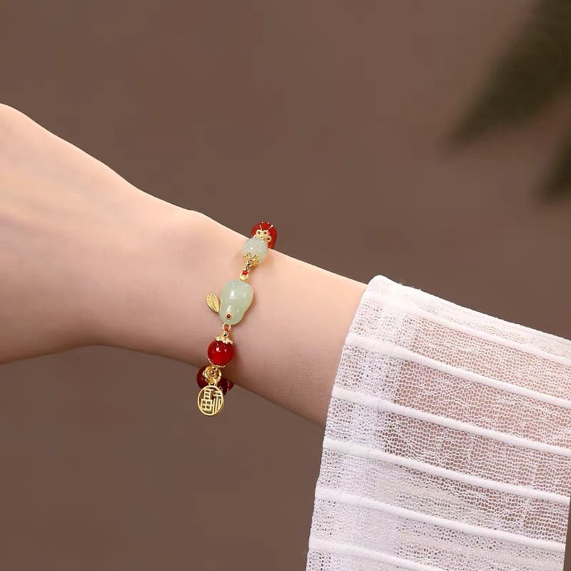 Natural Hetian Green Jade & Red Agate Lucky Rabbit Bracelet