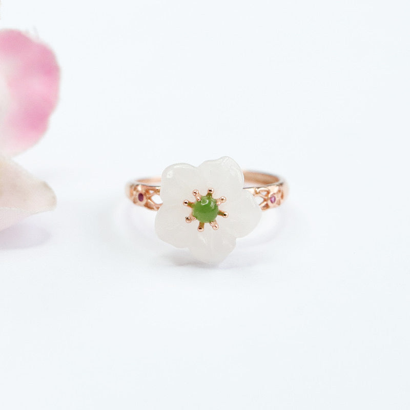 Natural White Jade Flower Ring