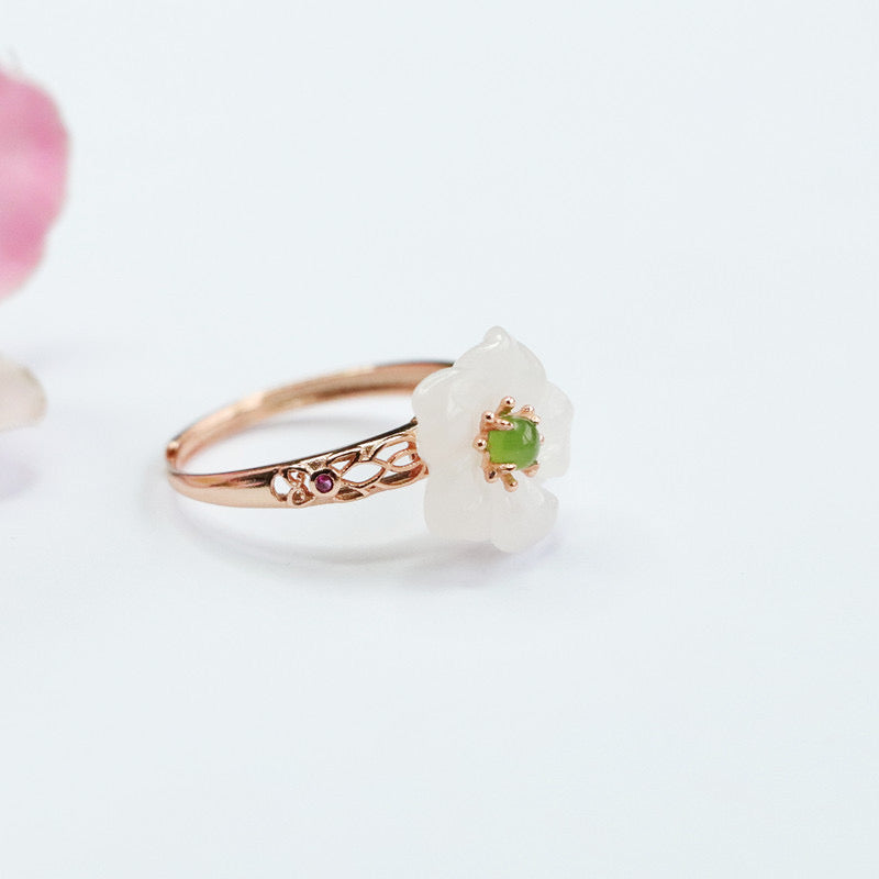 Natural White Jade Flower Ring