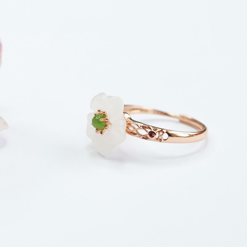 Natural White Jade Flower Ring