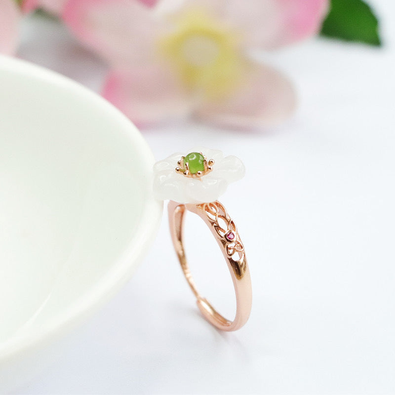 Natural White Jade Flower Ring