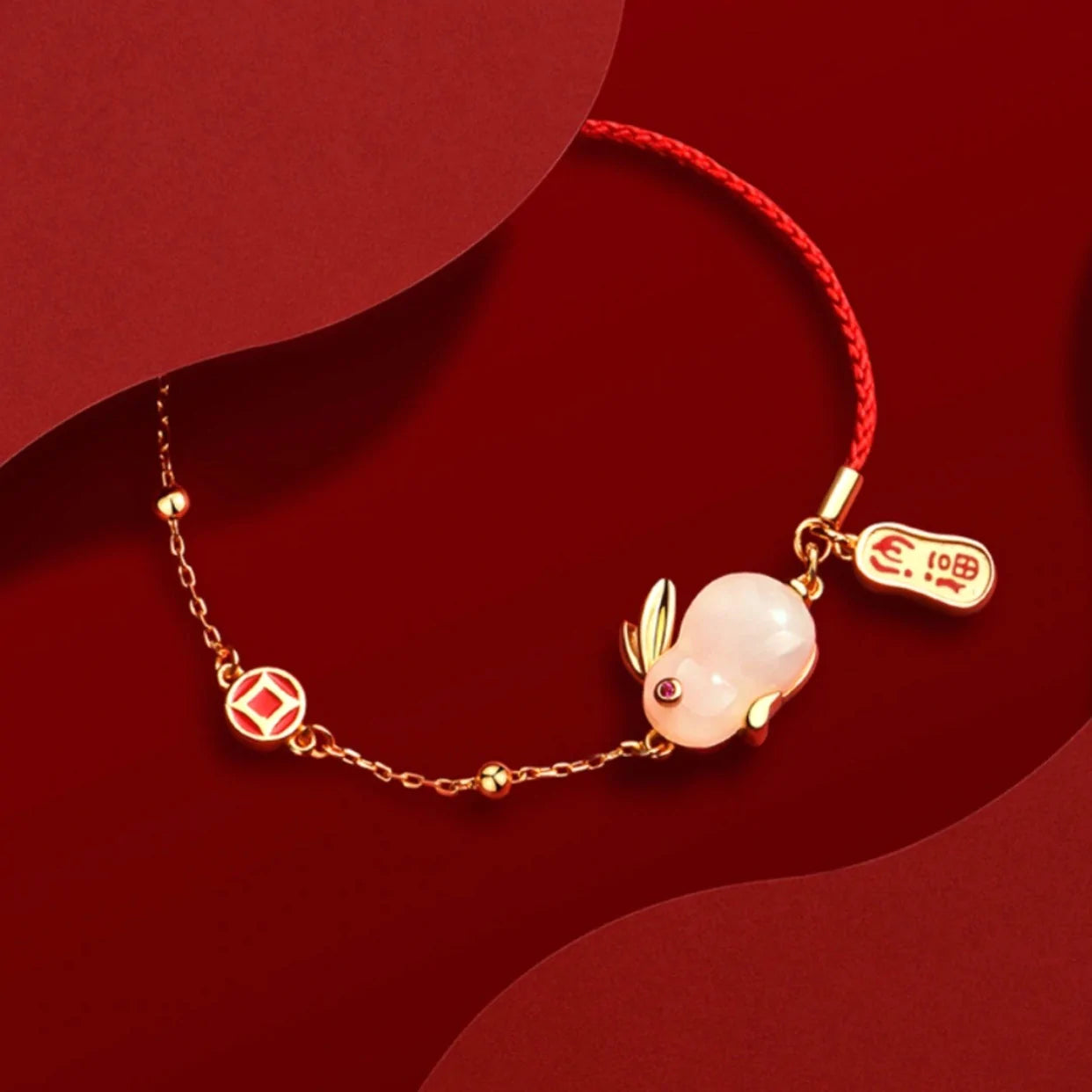 Natural Hetian Jade Red Rope Wealth Rabbit Bracelet