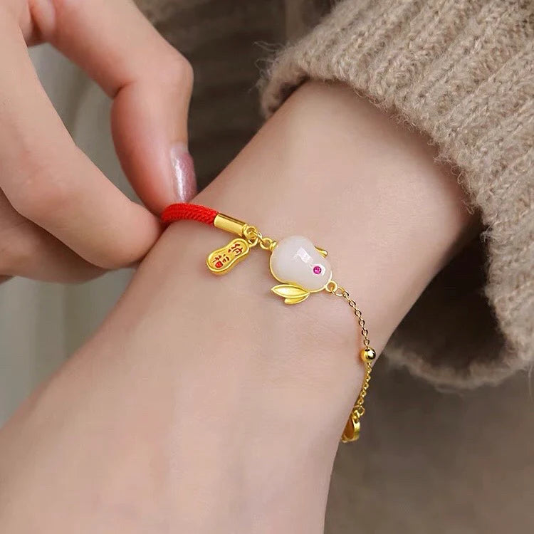 Natural Hetian Jade Red Rope Wealth Rabbit Bracelet