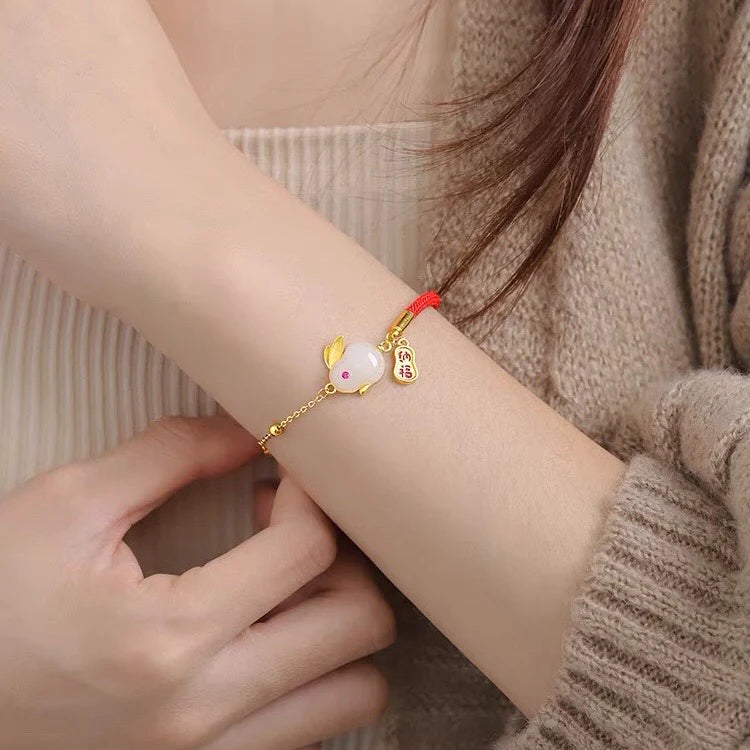 Natural Hetian Jade Red Rope Wealth Rabbit Bracelet