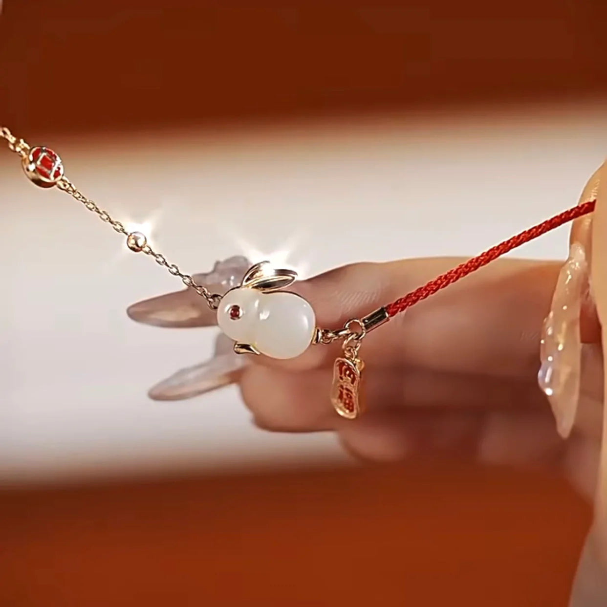 Natural Hetian Jade Red Rope Wealth Rabbit Bracelet