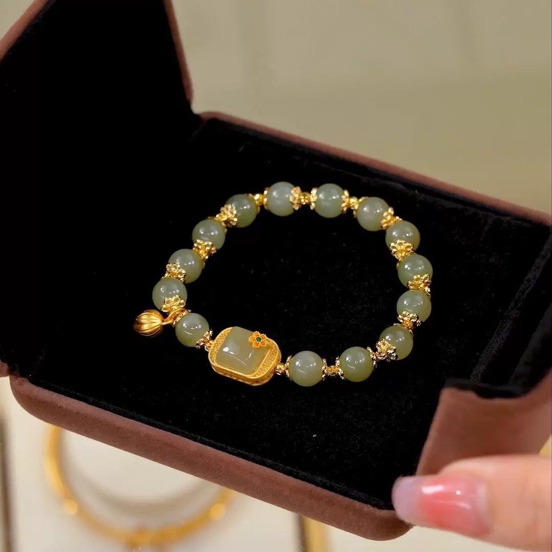 Natural Hetian Green Jade Auspicious Feng Shui Flower Wealth Bracelet