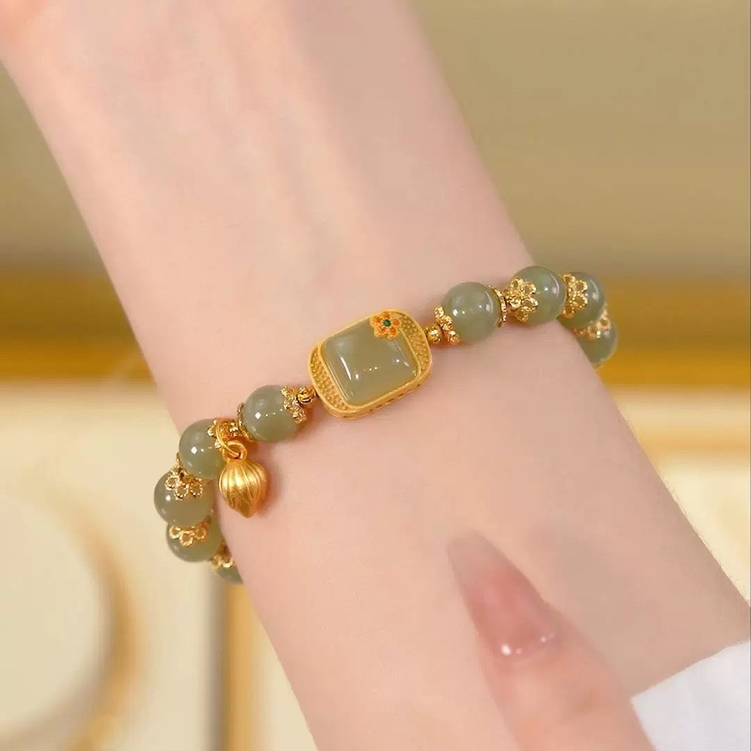 Natural Hetian Green Jade Auspicious Feng Shui Flower Wealth Bracelet