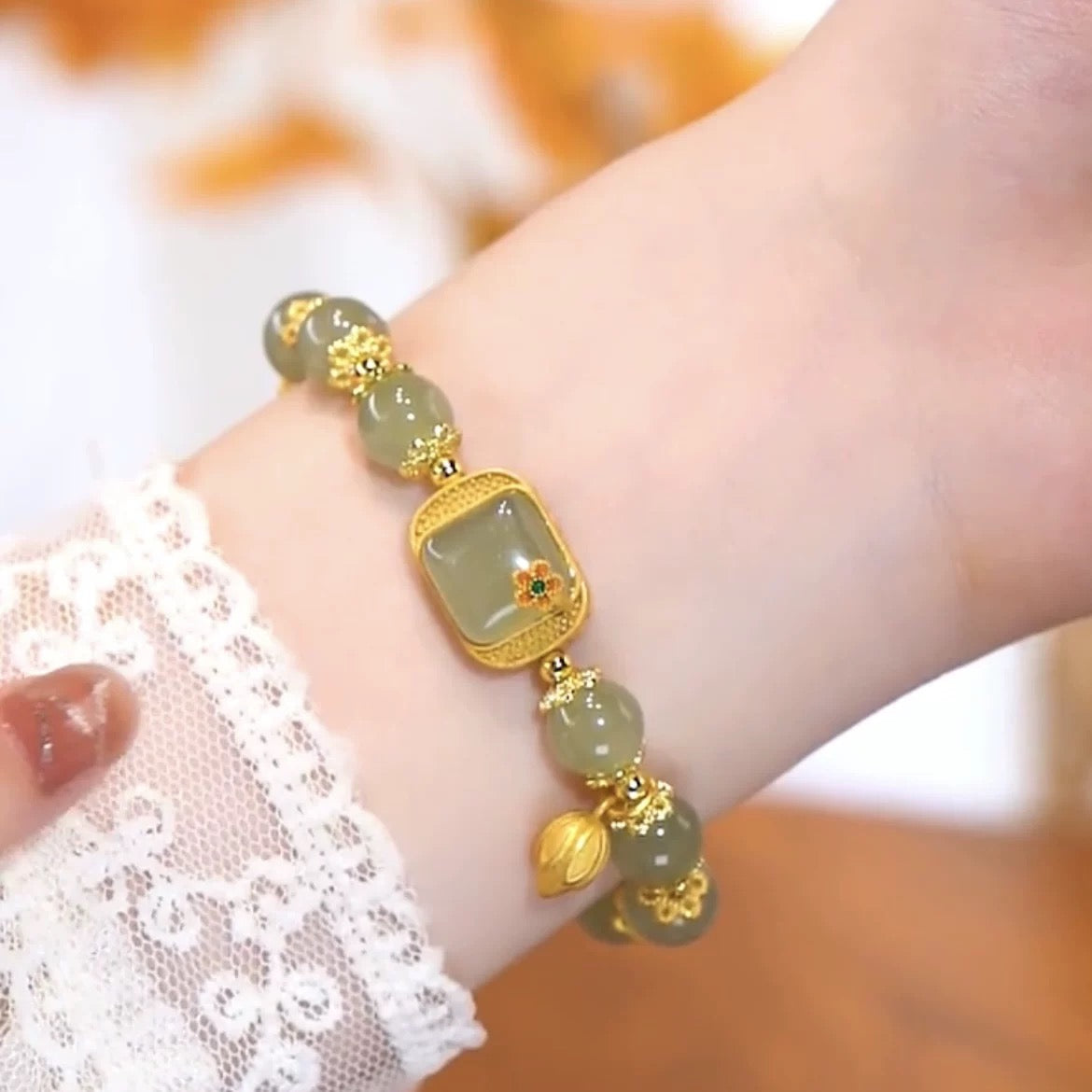 Natural Hetian Green Jade Auspicious Feng Shui Flower Wealth Bracelet