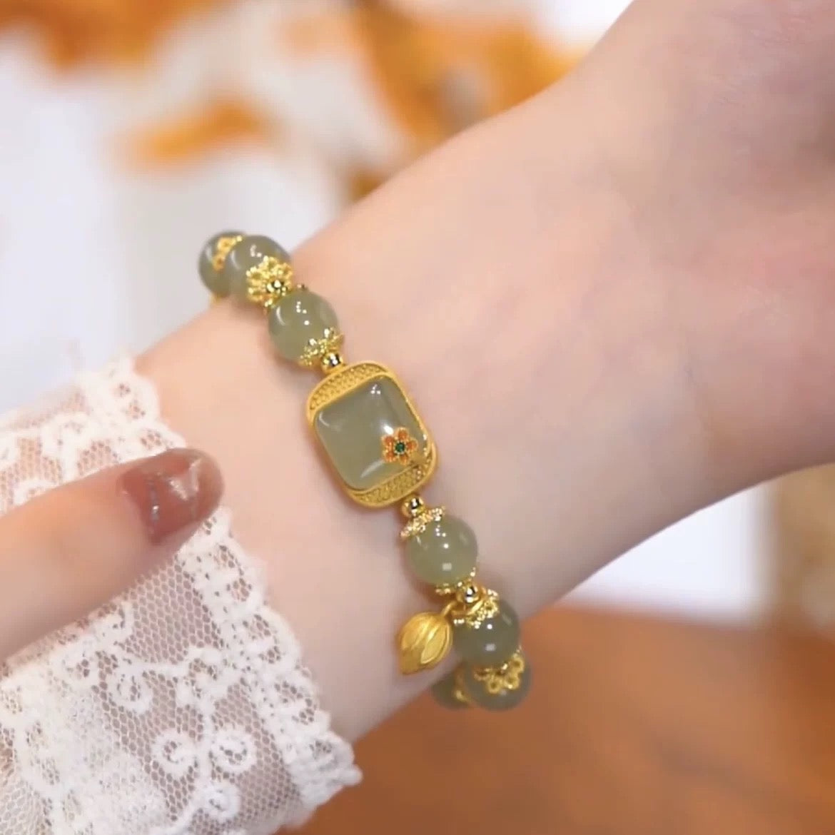 Natural Hetian Green Jade Auspicious Feng Shui Flower Wealth Bracelet
