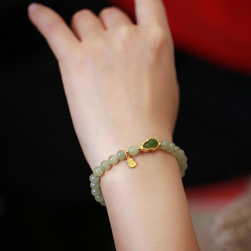 Natural Hetian Green Jade Feng Shui Calabash Bracelet