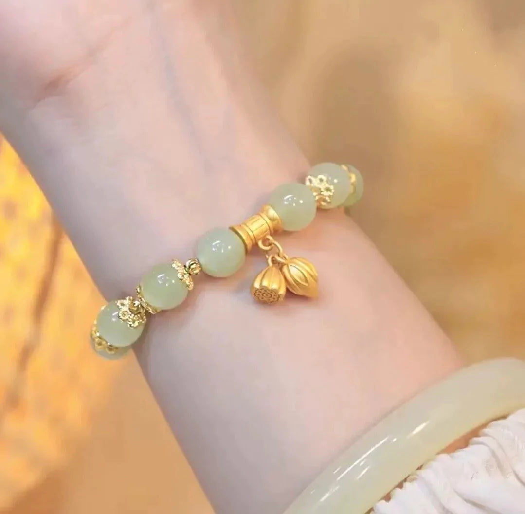 Natural Green Jade Lucky Lotus Bracelet