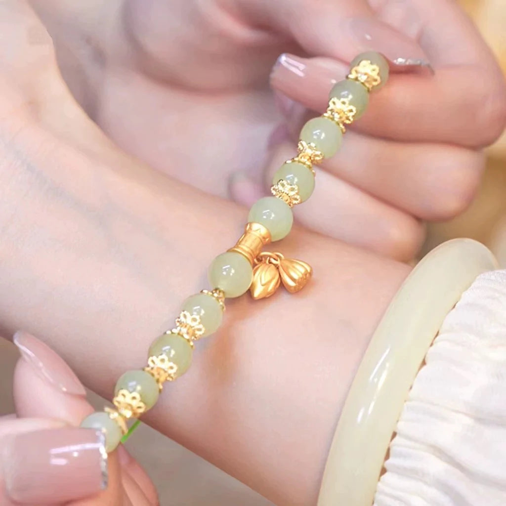 Natural Green Jade Lucky Lotus Bracelet