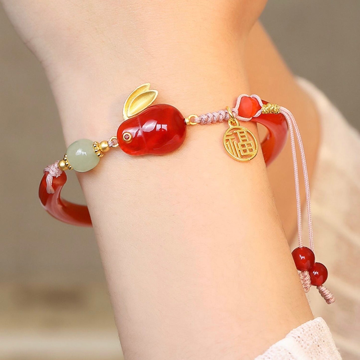 Natural Red Agate & Hetian Jade Feng Shui Rabbit Bangle