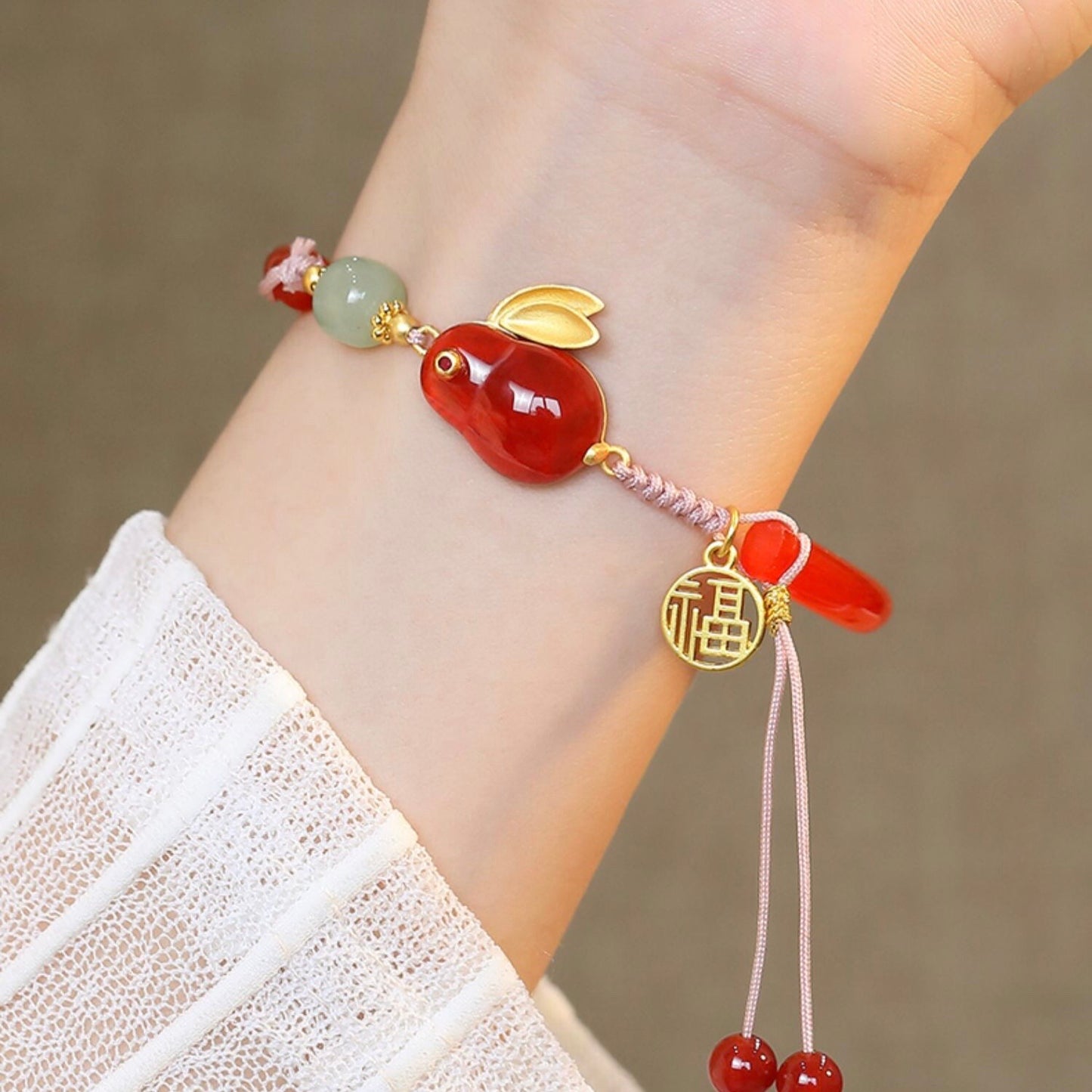 Natural Red Agate & Hetian Jade Feng Shui Rabbit Bangle