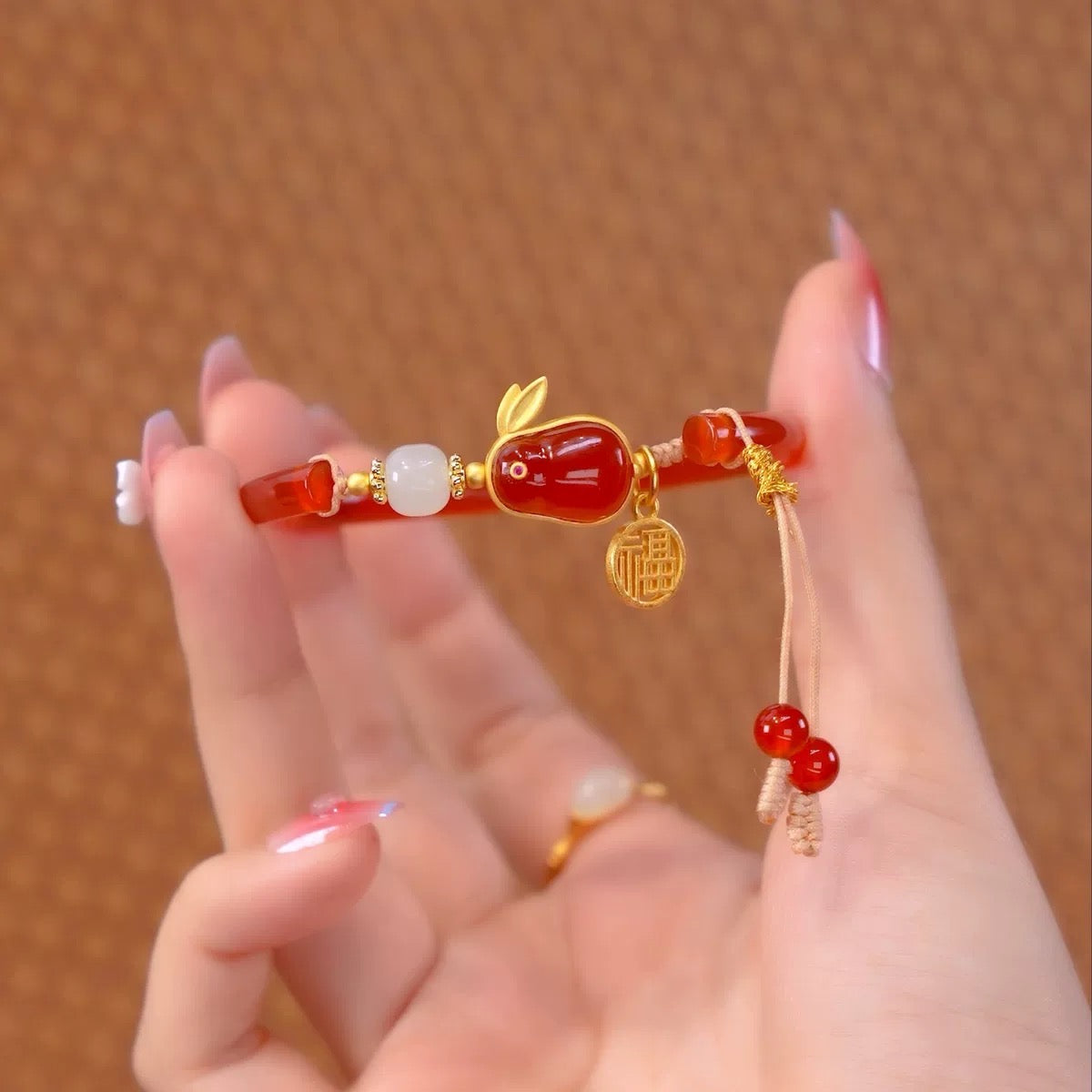Natural Red Agate & Hetian Jade Feng Shui Rabbit Bangle
