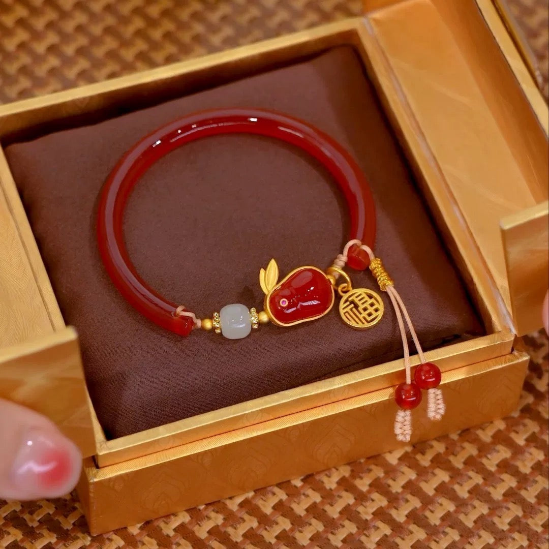 Natural Red Agate & Hetian Jade Feng Shui Rabbit Bangle