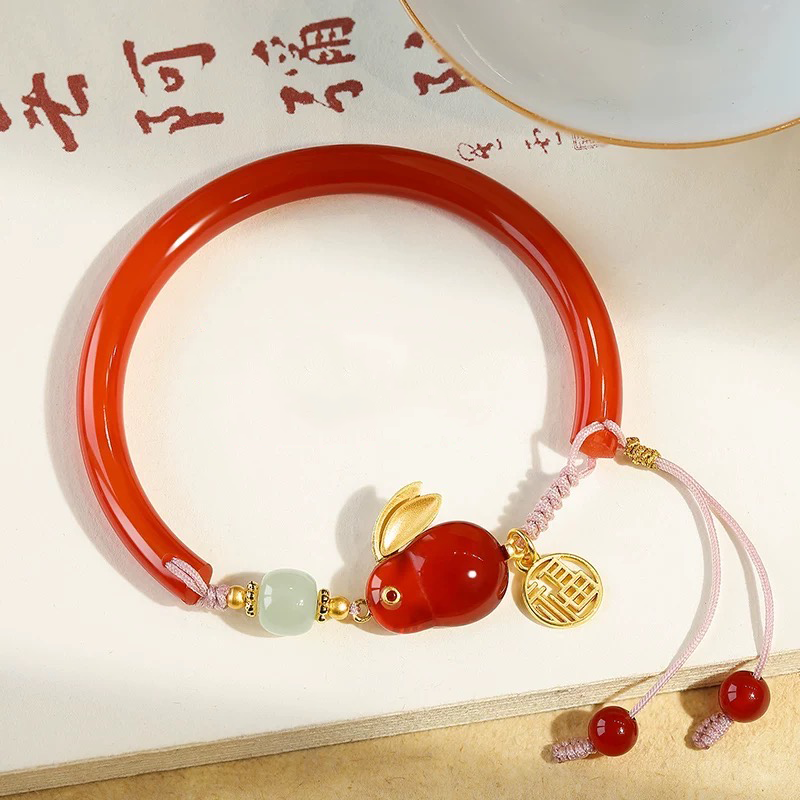 Natural Red Agate & Hetian Jade Feng Shui Rabbit Bangle