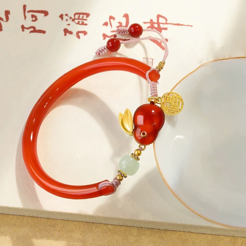 Natural Red Agate & Hetian Jade Feng Shui Rabbit Bangle