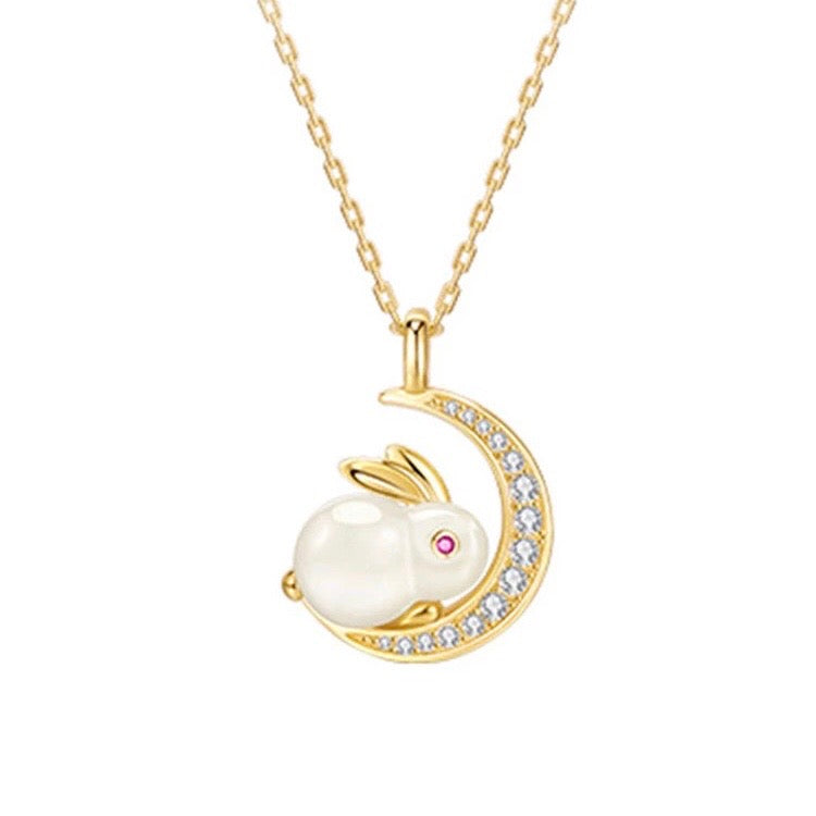 Natural Hetian Jade Rabbit & Moon Auspicious Pendant