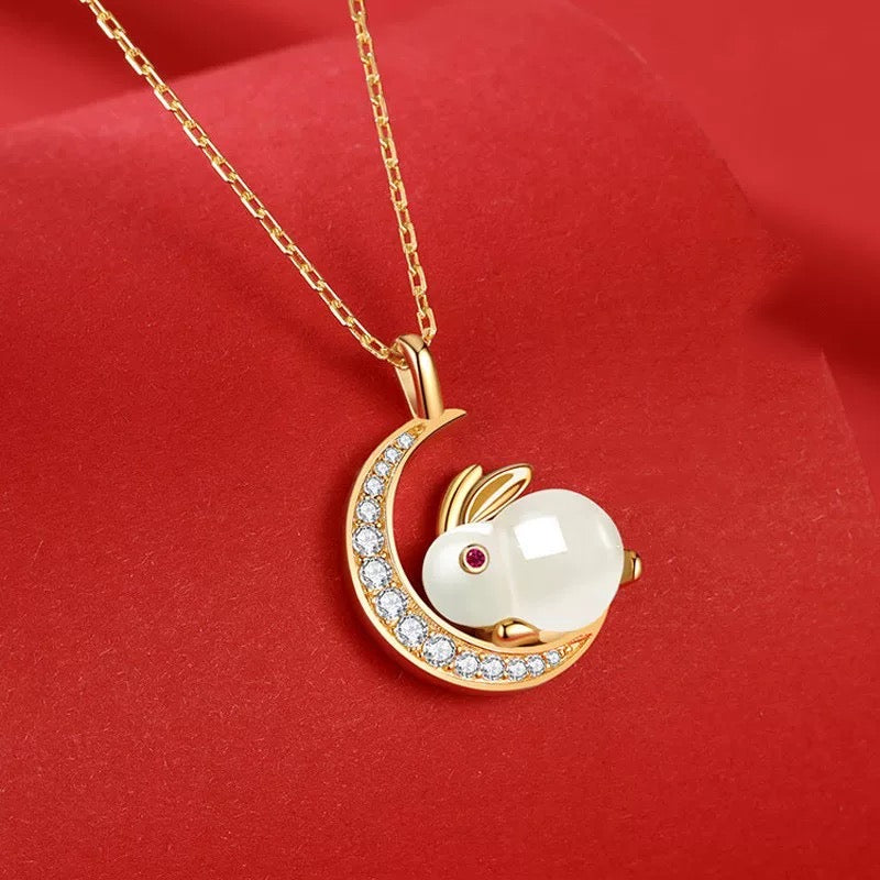 Natural Hetian Jade Rabbit & Moon Auspicious Pendant