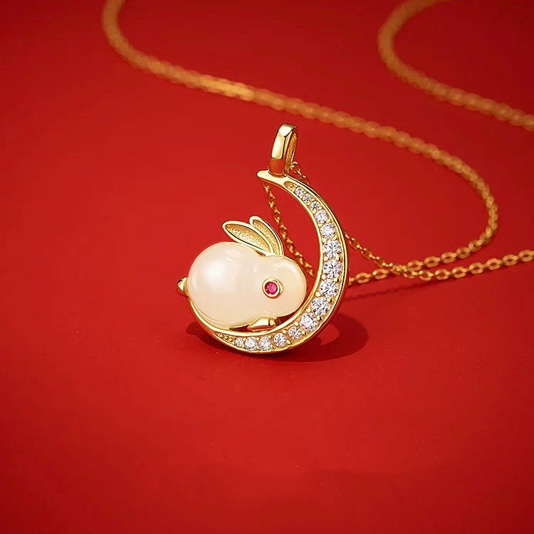 Natural Hetian Jade Rabbit & Moon Auspicious Pendant