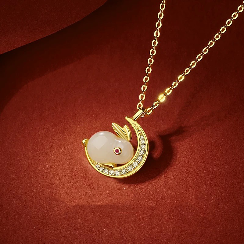 Natural Hetian Jade Rabbit & Moon Auspicious Pendant