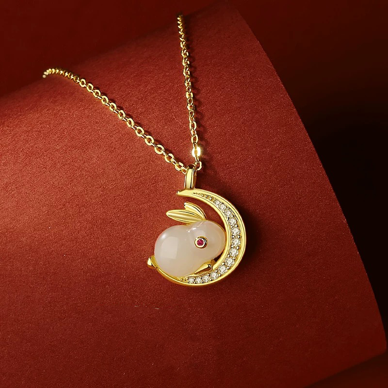 Natural Hetian Jade Rabbit & Moon Auspicious Pendant