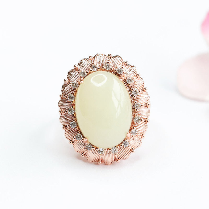 Natural White Jade Peony Ring